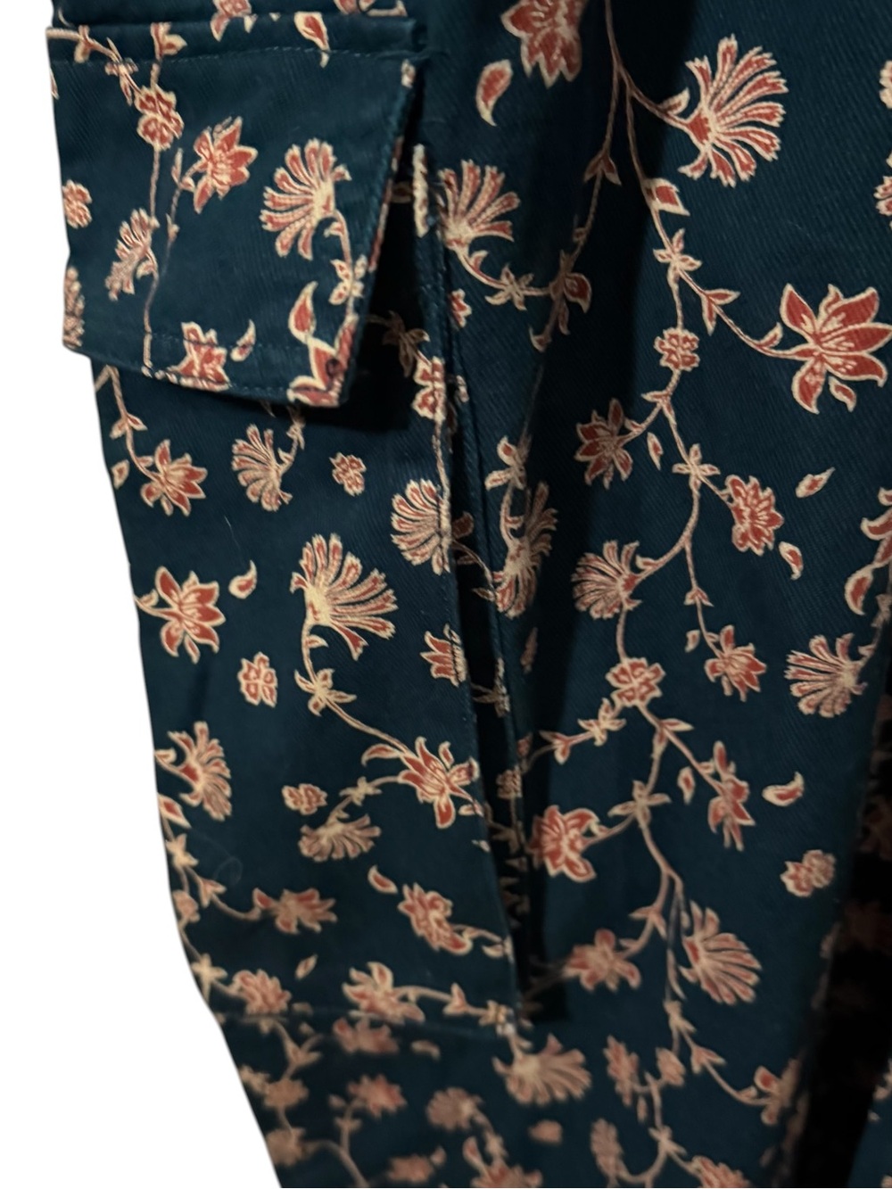 Boilersuit / Jumpsuit w/ Rope Drawstring, 7 Pockets ~ Teal w/ Small Pink Flowers - Picture 7 of 11